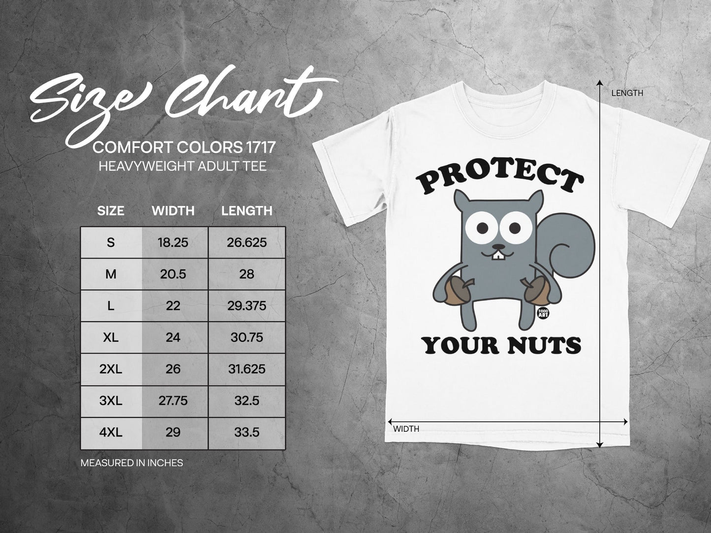Size chart for Comfort Colors 1717 heavyweight adult tee with squirrel graphic.