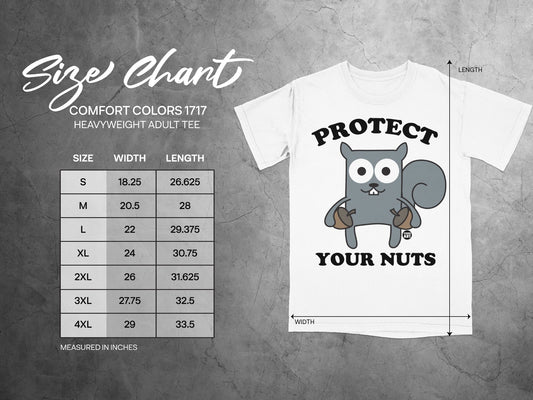 Size chart for Comfort Colors 1717 heavyweight adult tee with squirrel graphic.