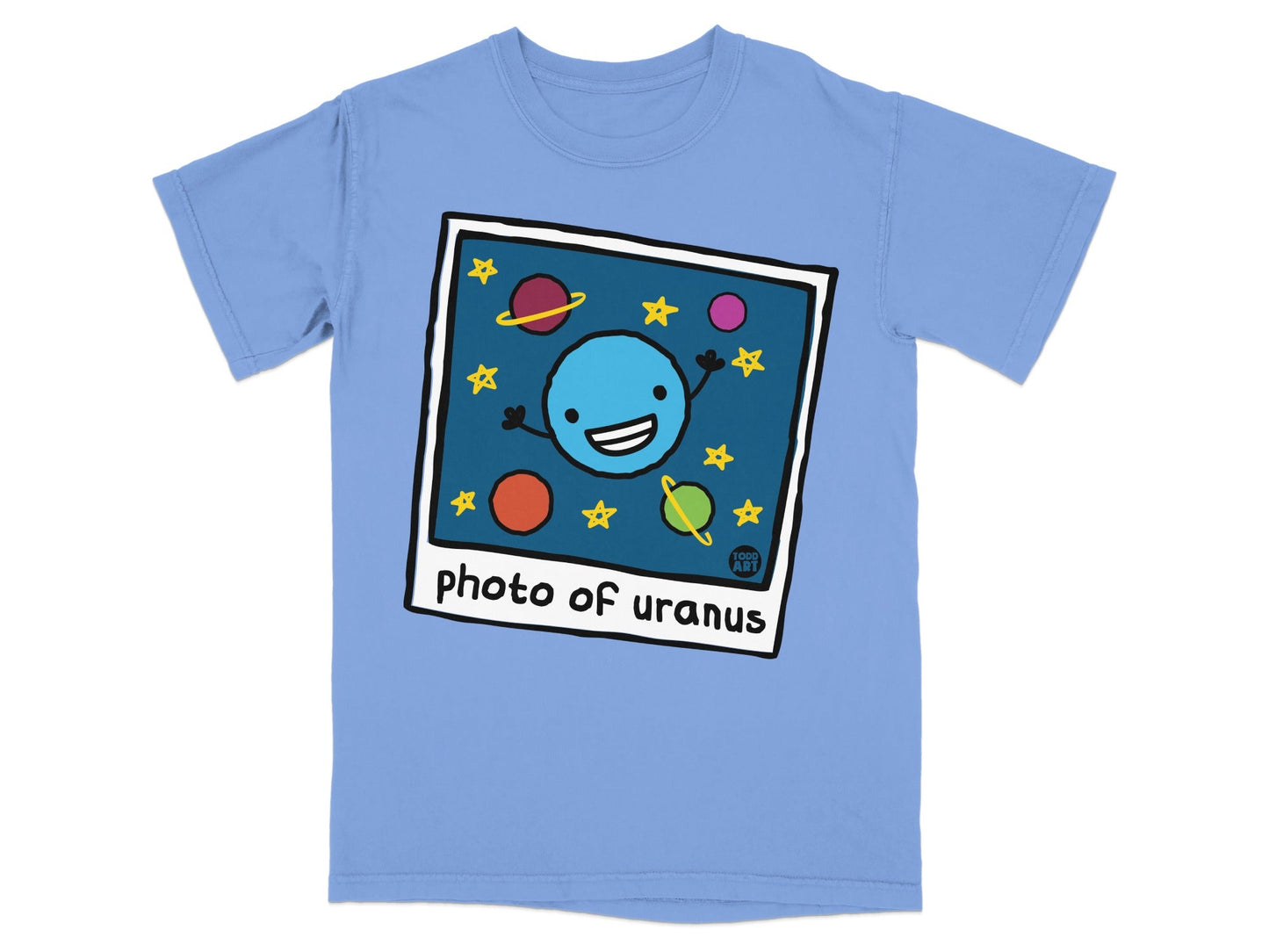 T-shirt with cartoon planet and "photo of uranus" text.