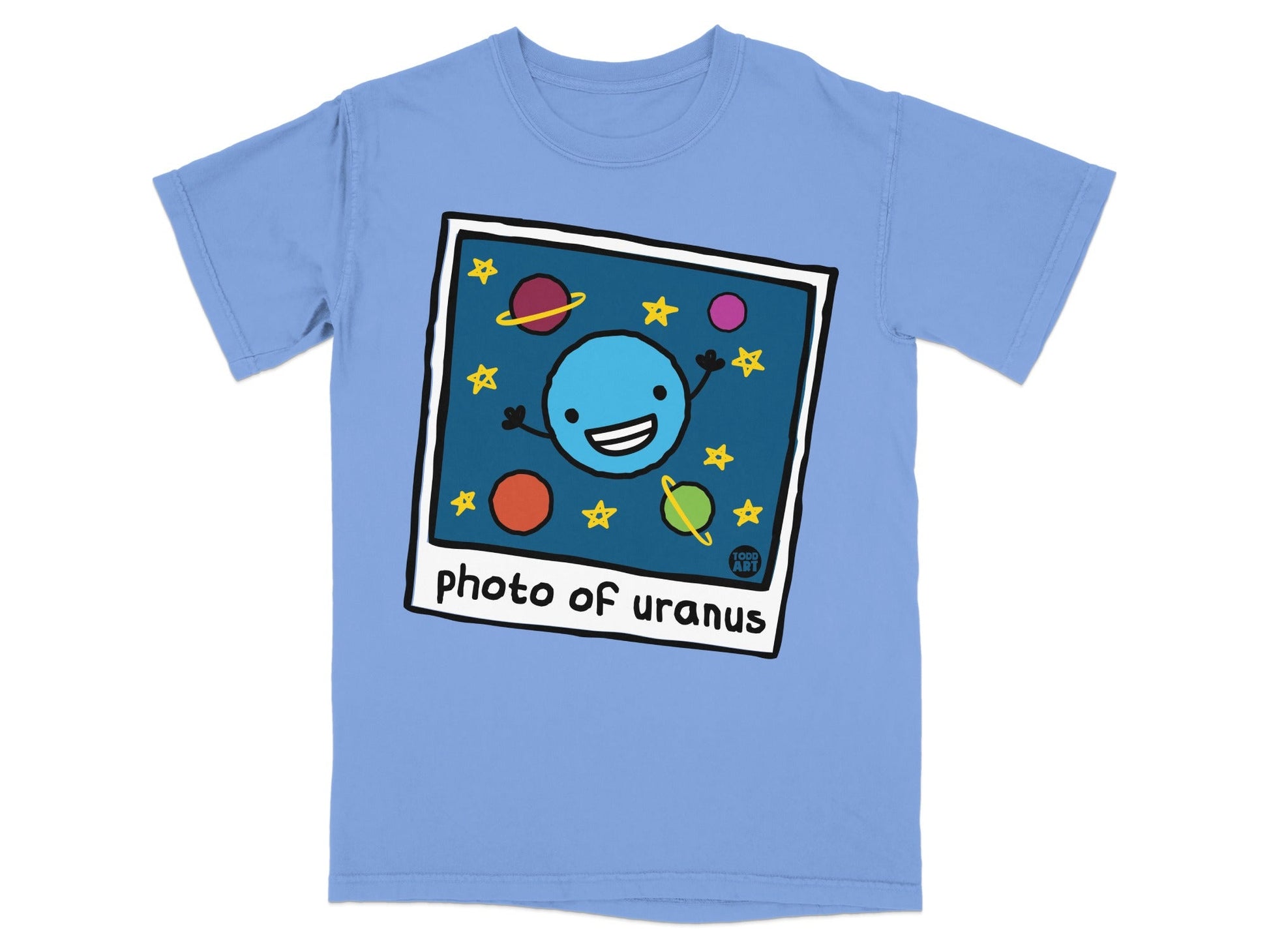 T-shirt with cartoon planet and "photo of uranus" text.