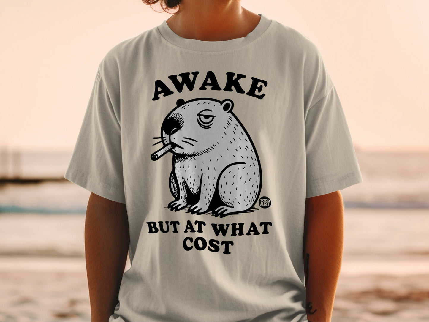 Awake But At What Cost Funny Graphic Tee Shirt