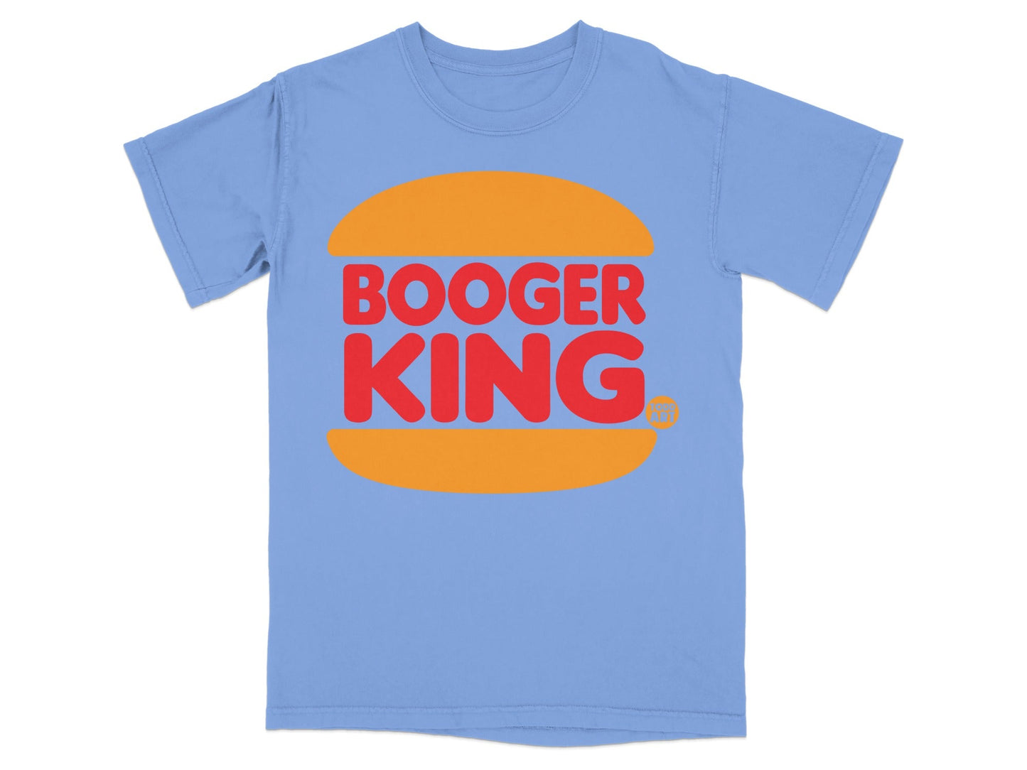 Light blue t-shirt with orange "Booger King" burger logo.