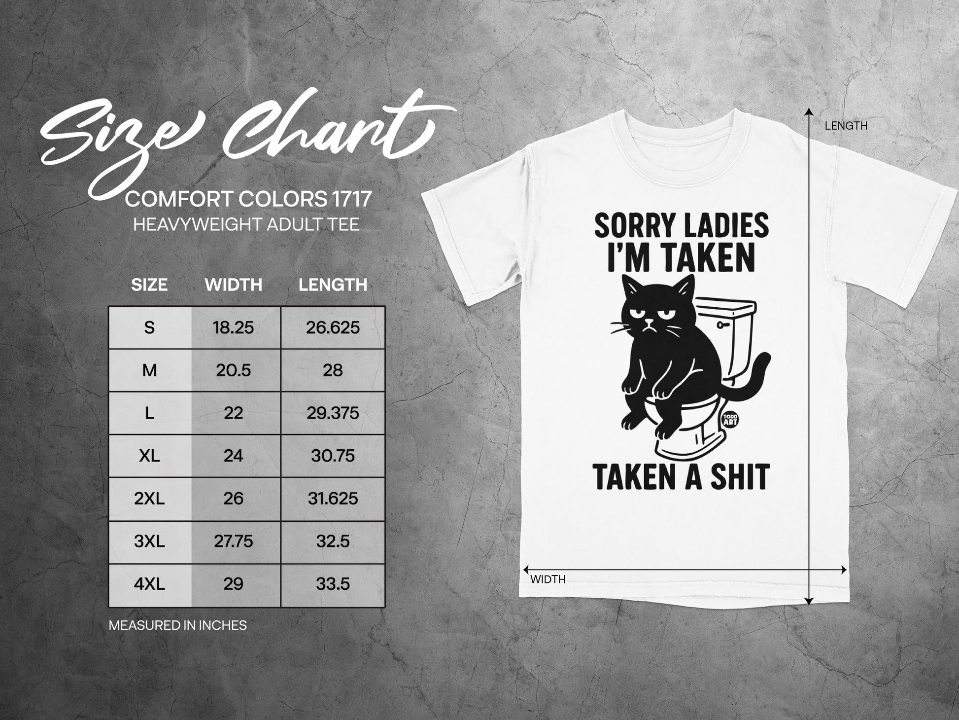 Size chart for Comfort Colors 1717 heavyweight adult tee with cat graphic.