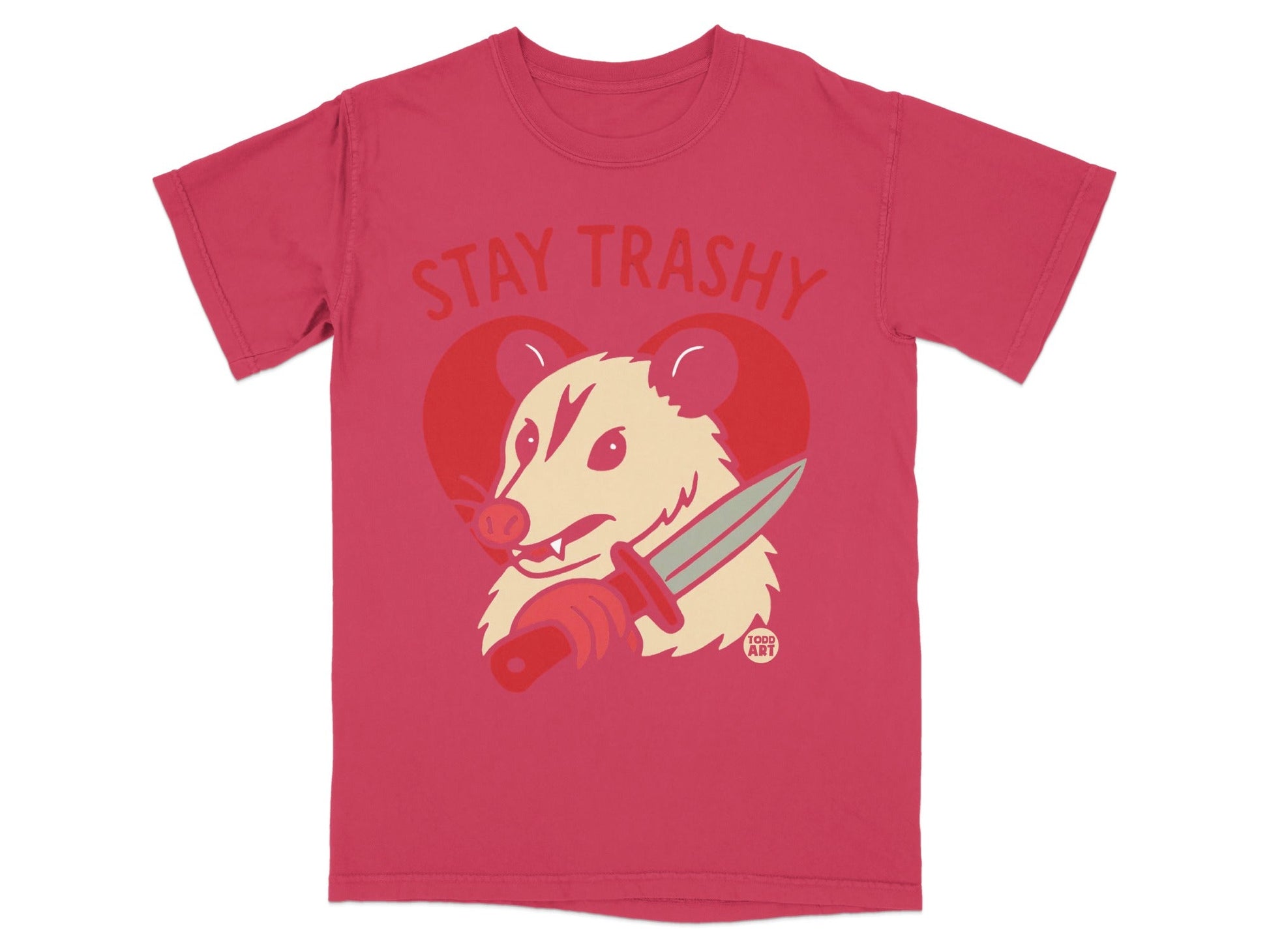 Red t-shirt with possum holding a knife, "Stay Trashy" text.