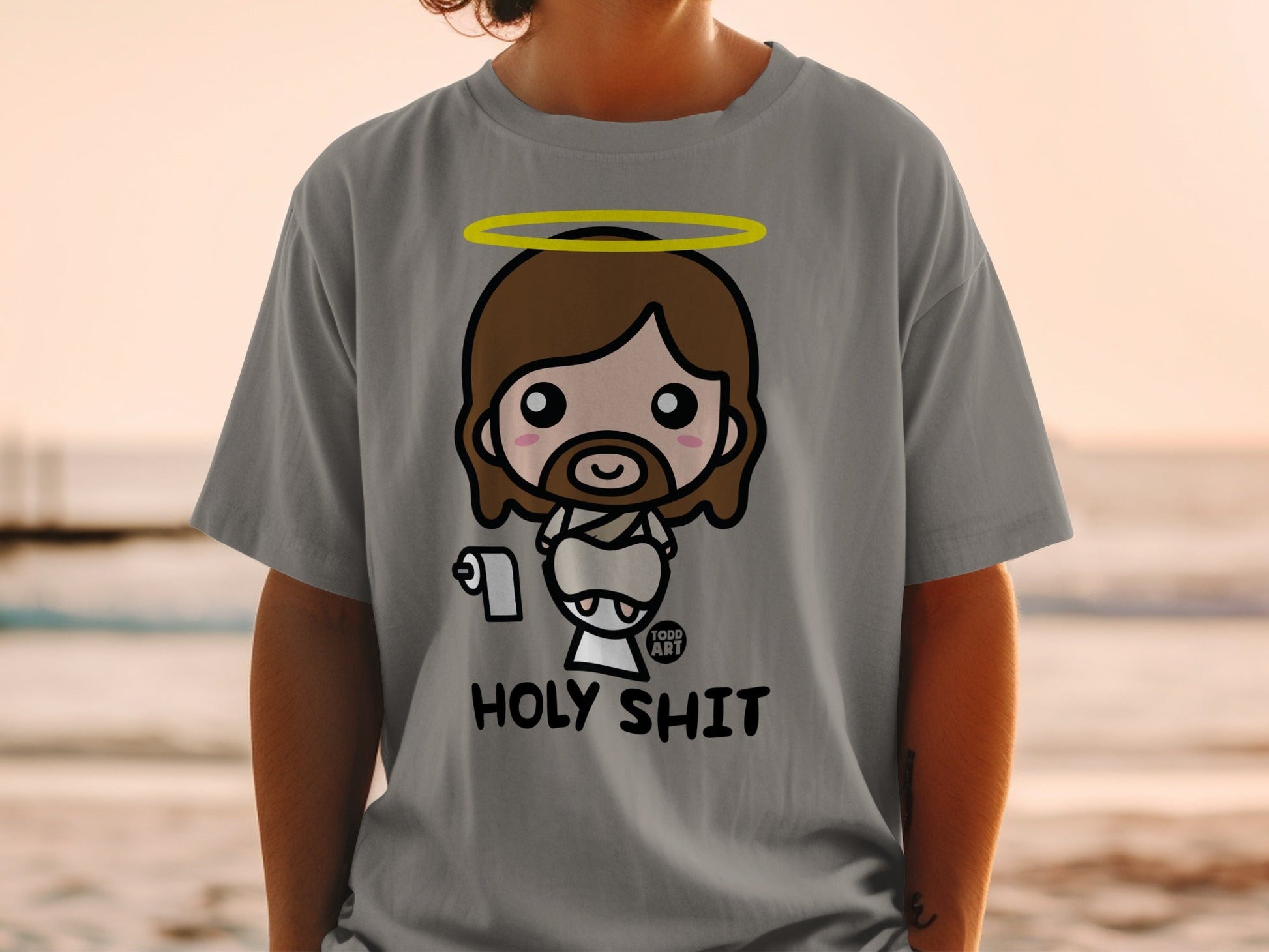 Cartoon Jesus with toilet paper and halo, "Holy Shit" text.