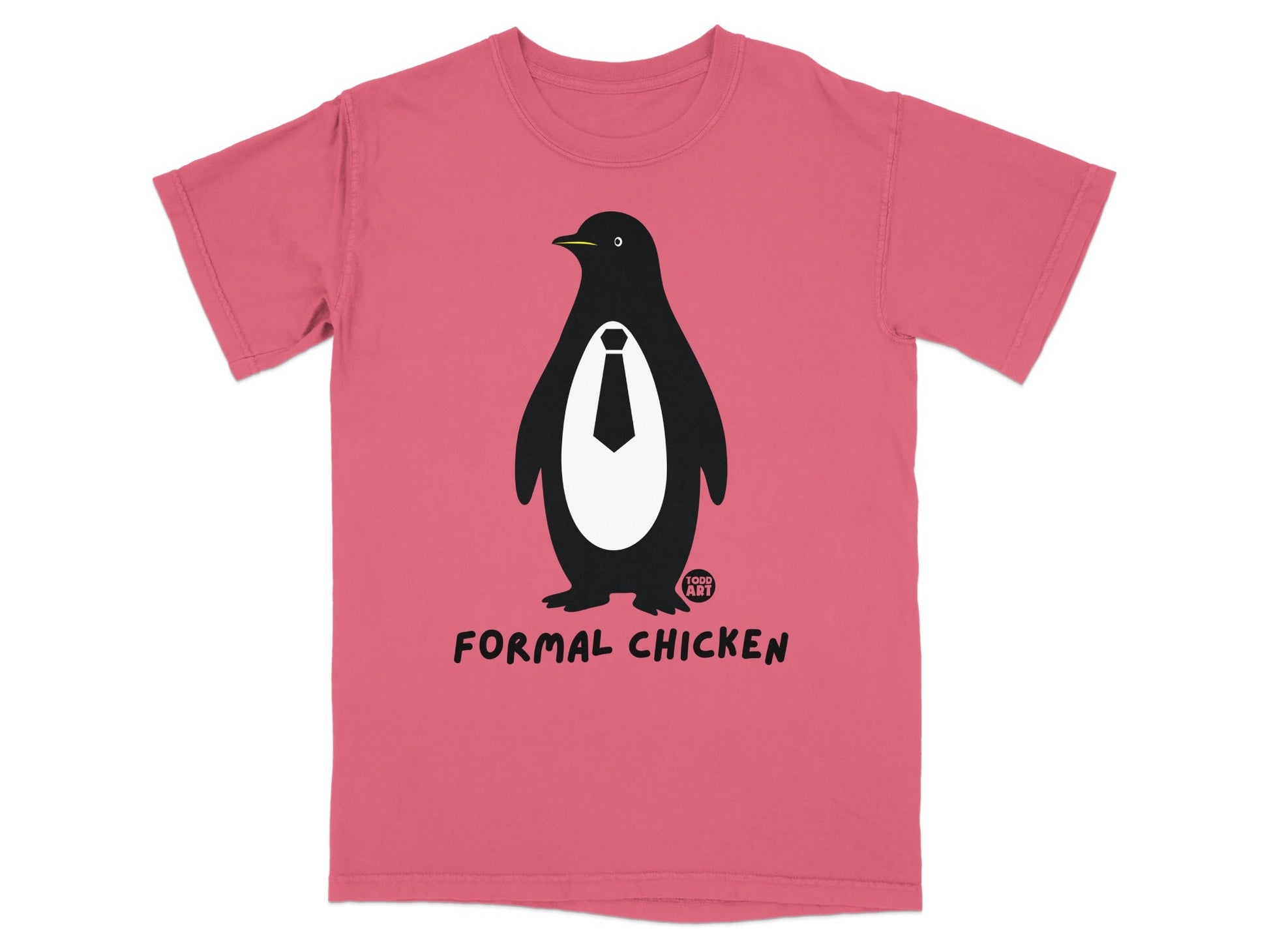 Pink t-shirt with a cartoon penguin wearing a tie and "FORMAL CHICKEN" text.