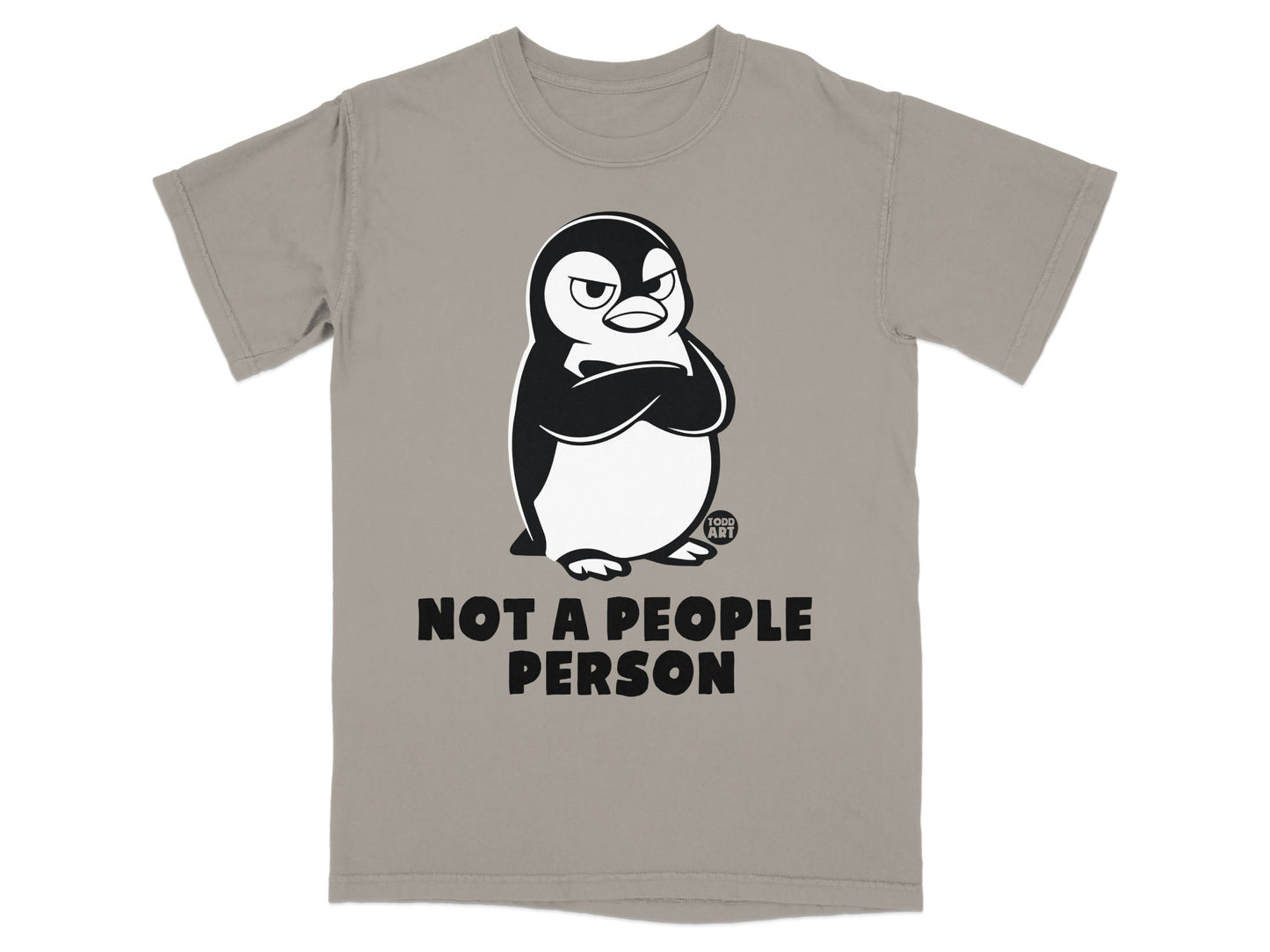 T-shirt with grumpy penguin and text "NOT A PEOPLE PERSON".