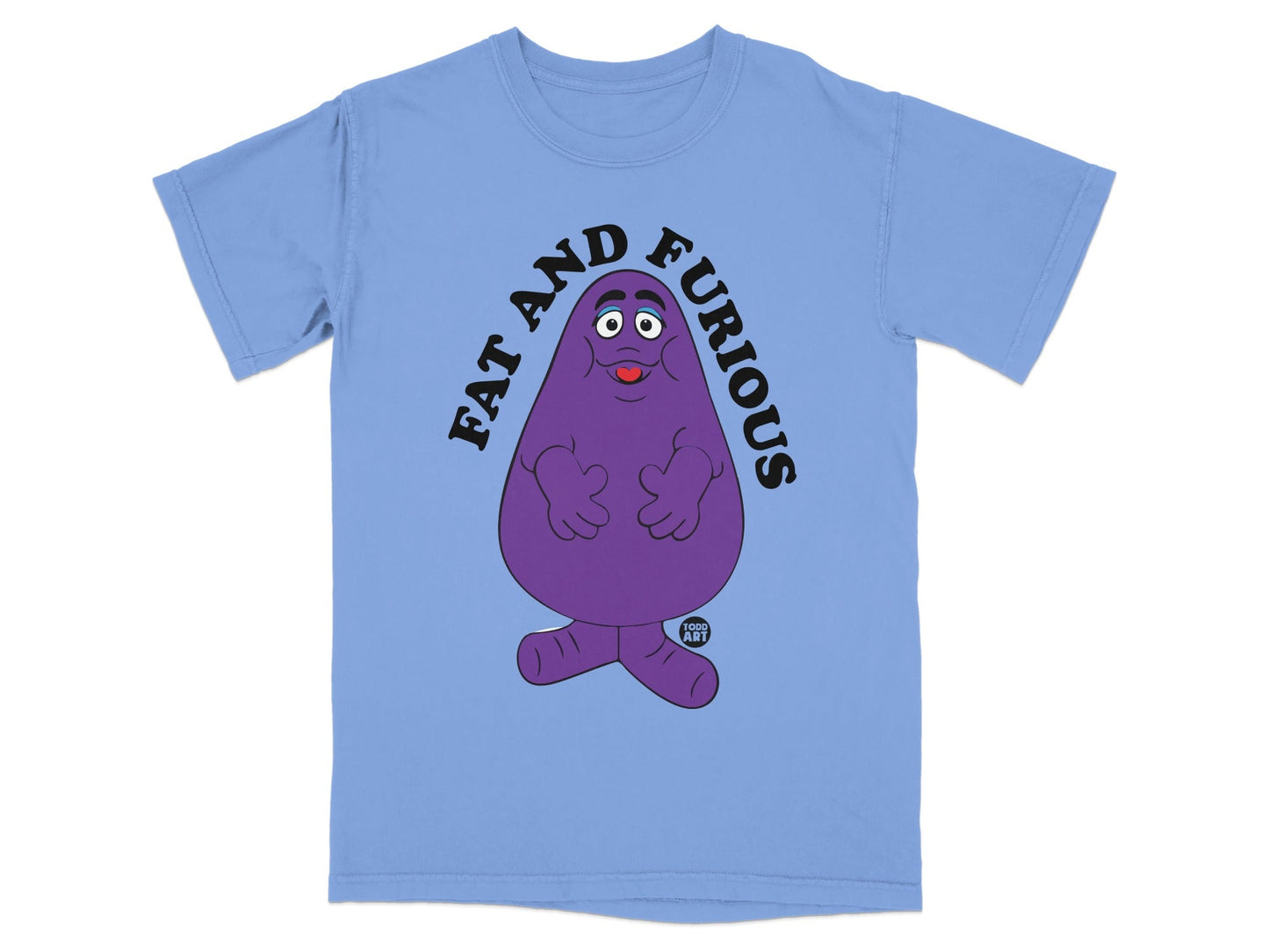 Grimace character in a blue t-shirt with "FAT AND FURIOUS" text.
