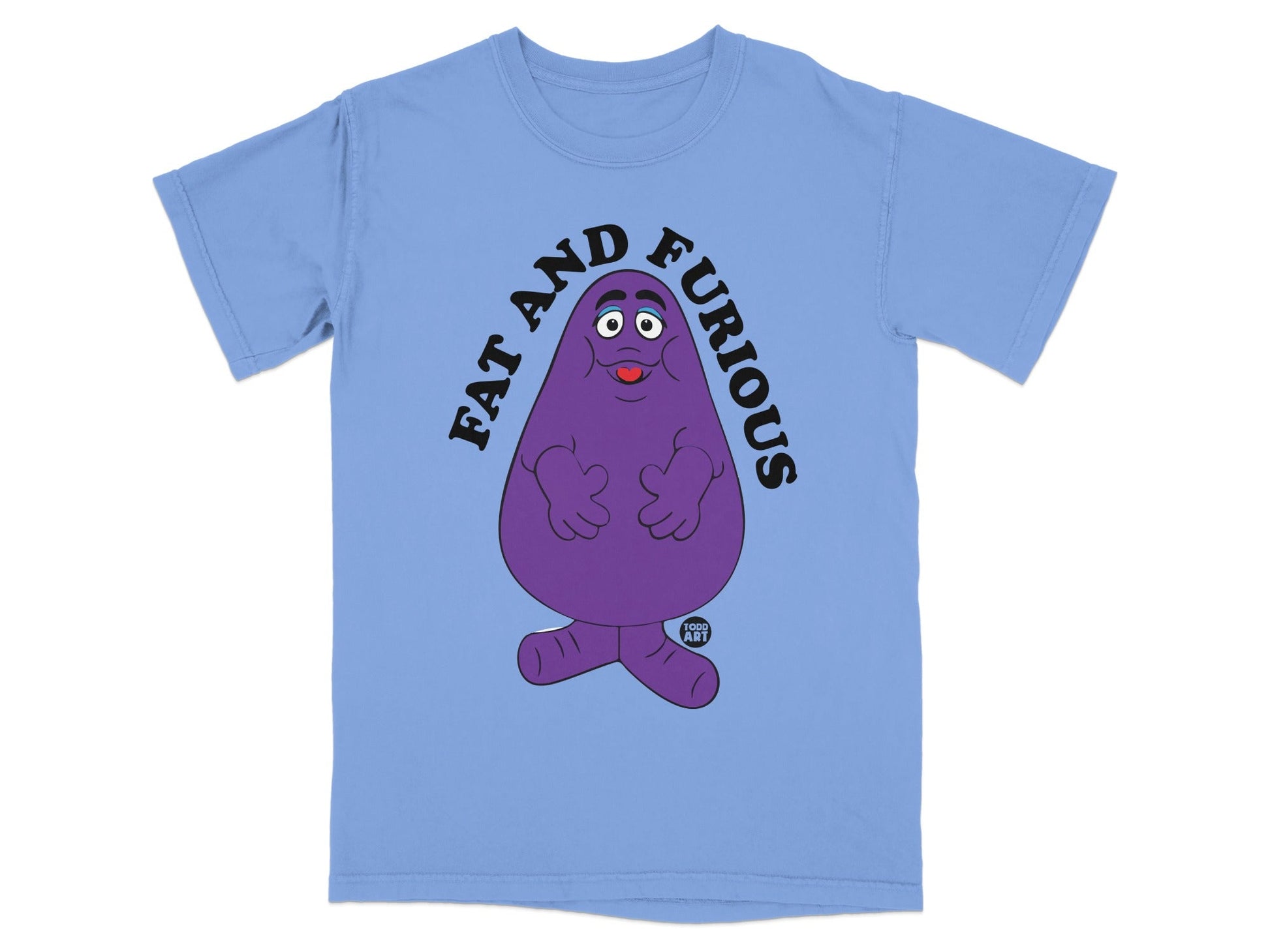 Grimace character in a blue t-shirt with "FAT AND FURIOUS" text.