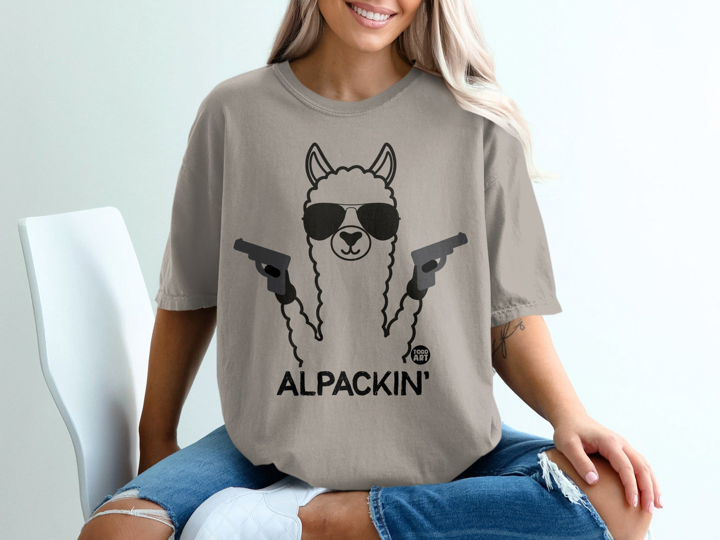 Alpackin' Funny Alpaca with Sunglasses Gun Print Shirt