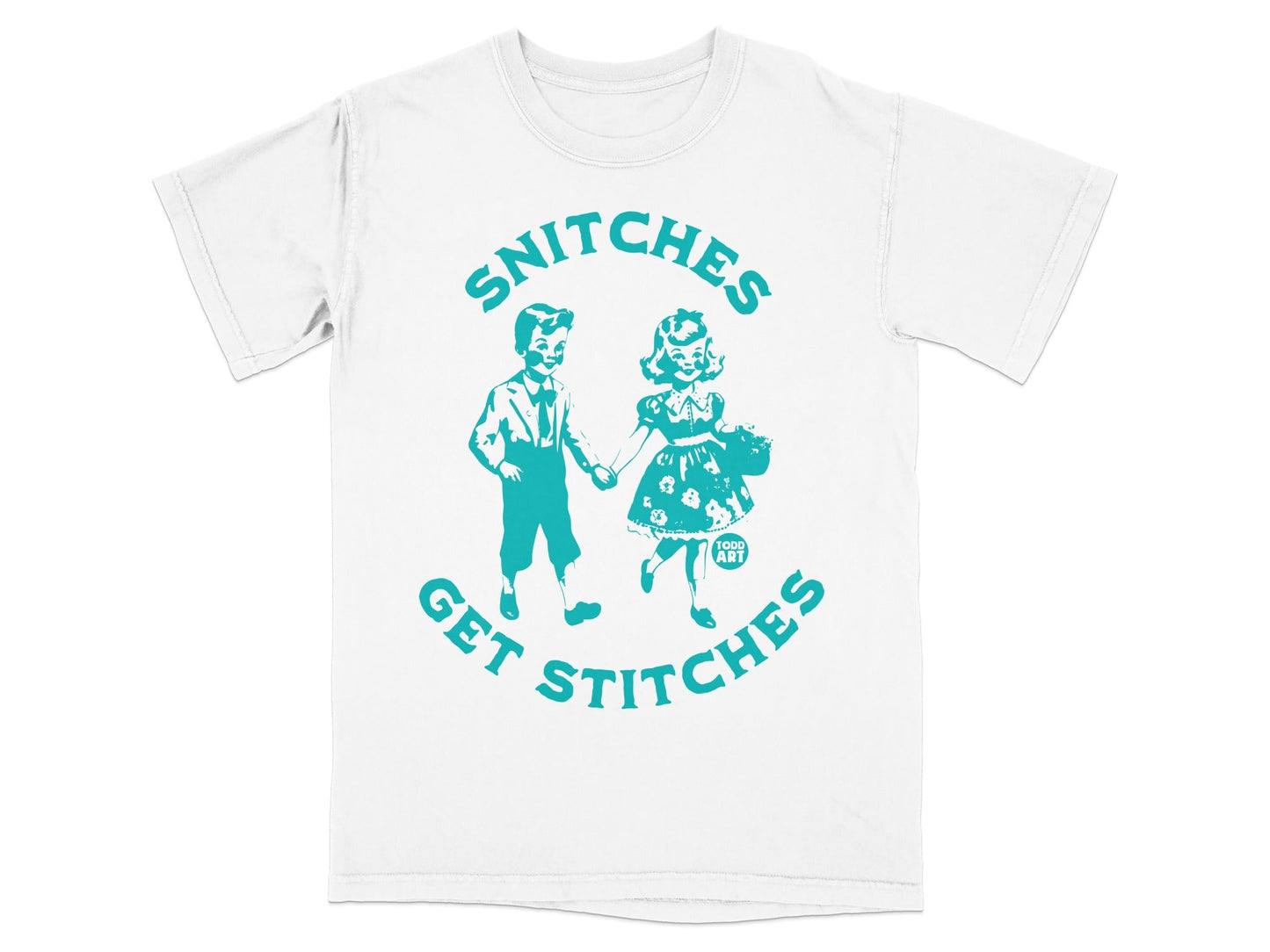 T-shirt with cartoon children and text "Snitches Get Stitches".