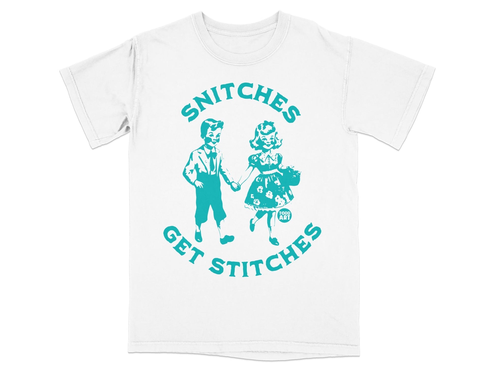 T-shirt with cartoon children and text "Snitches Get Stitches".