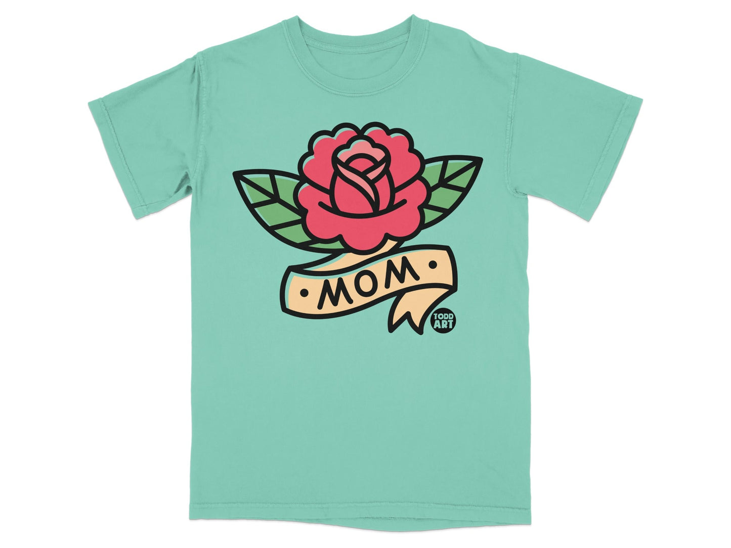Mint t-shirt with a rose and ribbon design that reads "MOM."