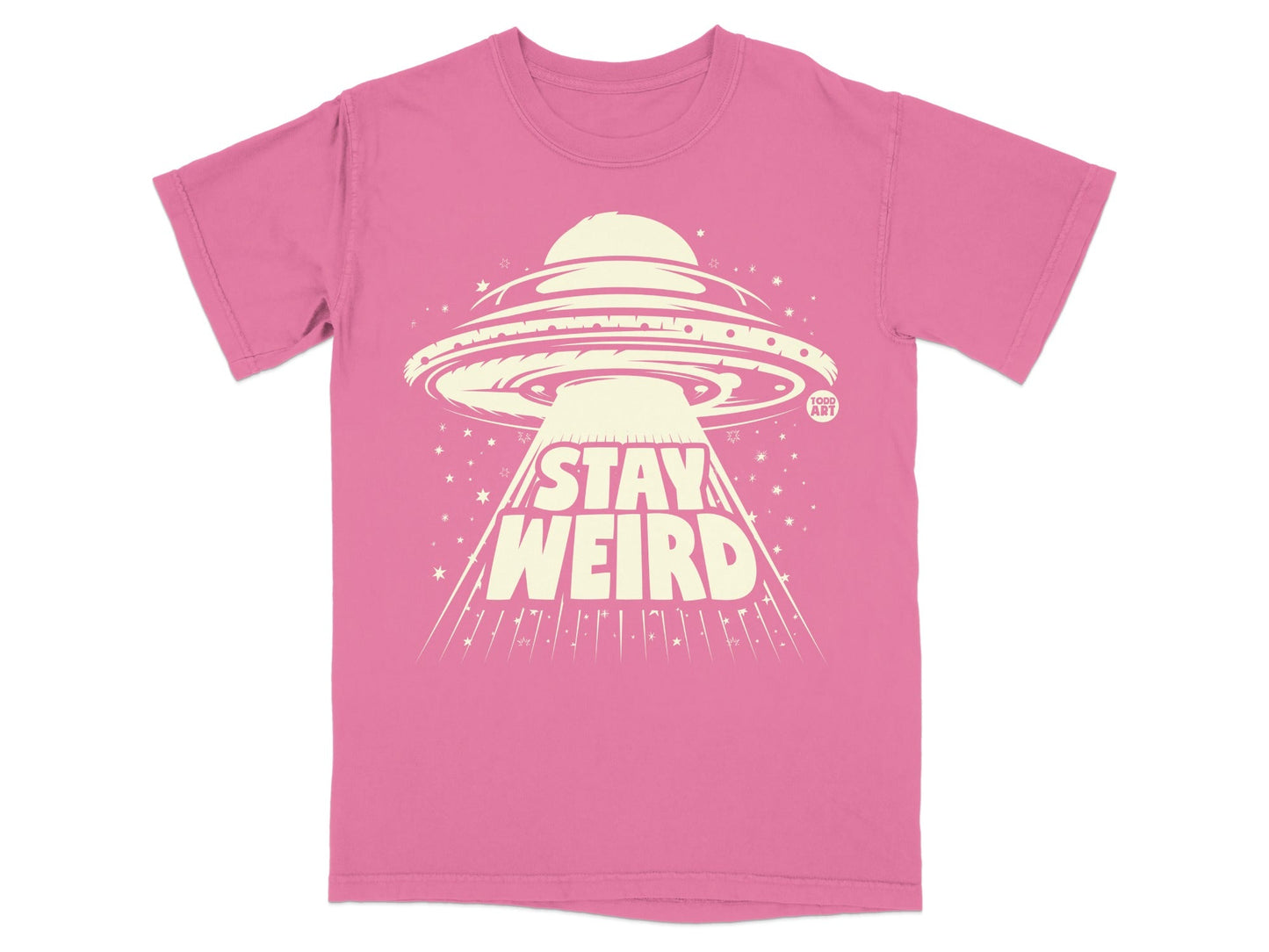 Stay Weird Pink UFO Graphic Tee Shirt for Unique Style