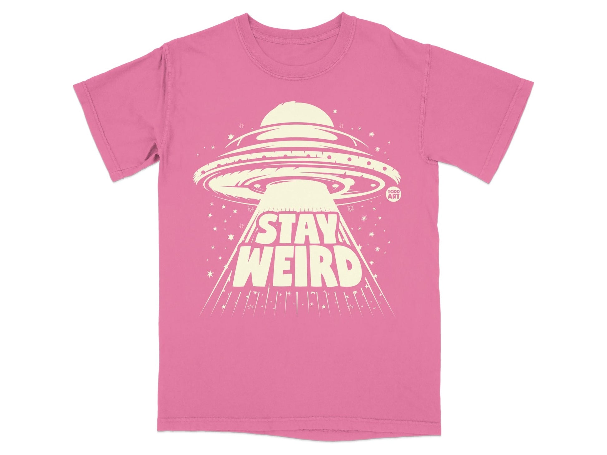 Stay Weird Pink UFO Graphic Tee Shirt for Unique Style