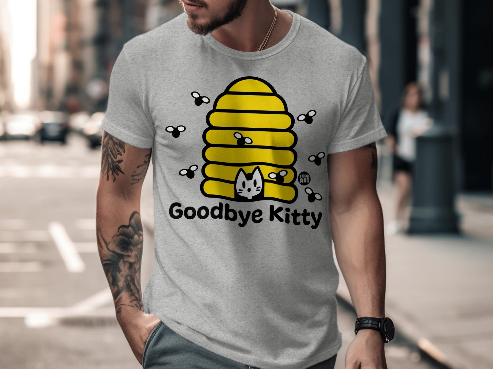 Goodbye Kitty Graphic T-shirt with Fun Yellow Beehive