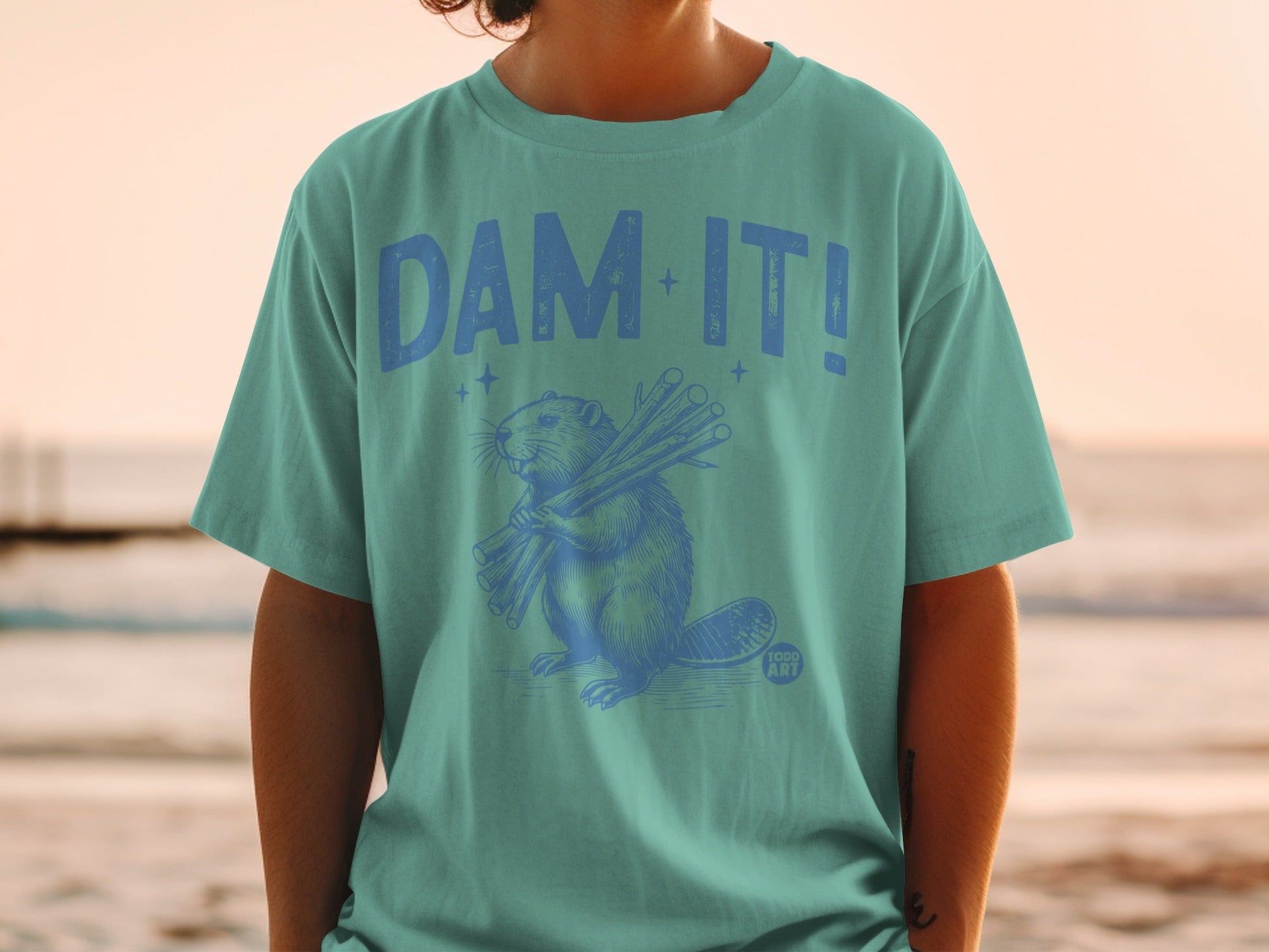 Dam It Beaver Graphic Teal Casual Tee
