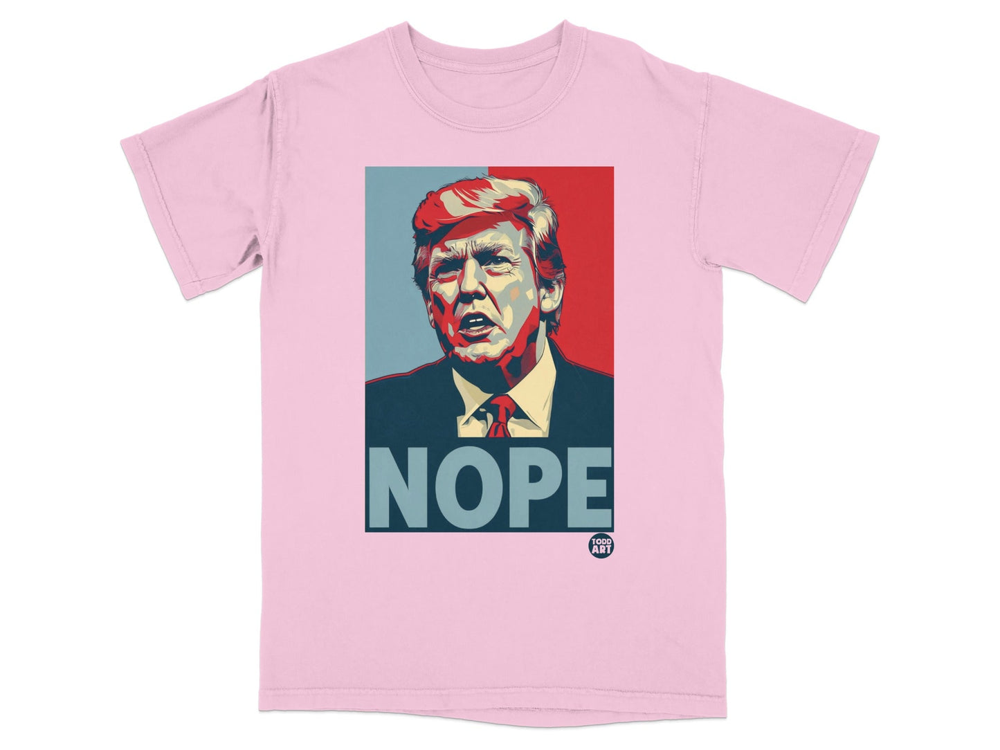 Pink t-shirt with a graphic of Donald Trump and the word "NOPE".