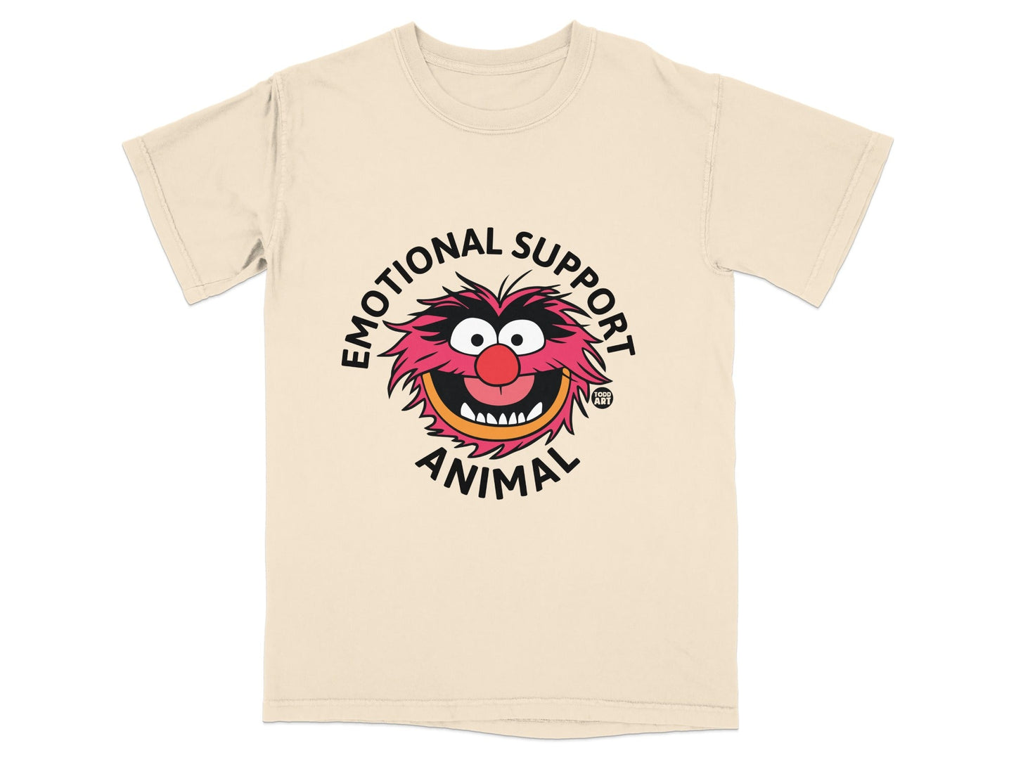 Cream t-shirt with Animal from The Muppets face and "Emotional Support Animal" text.