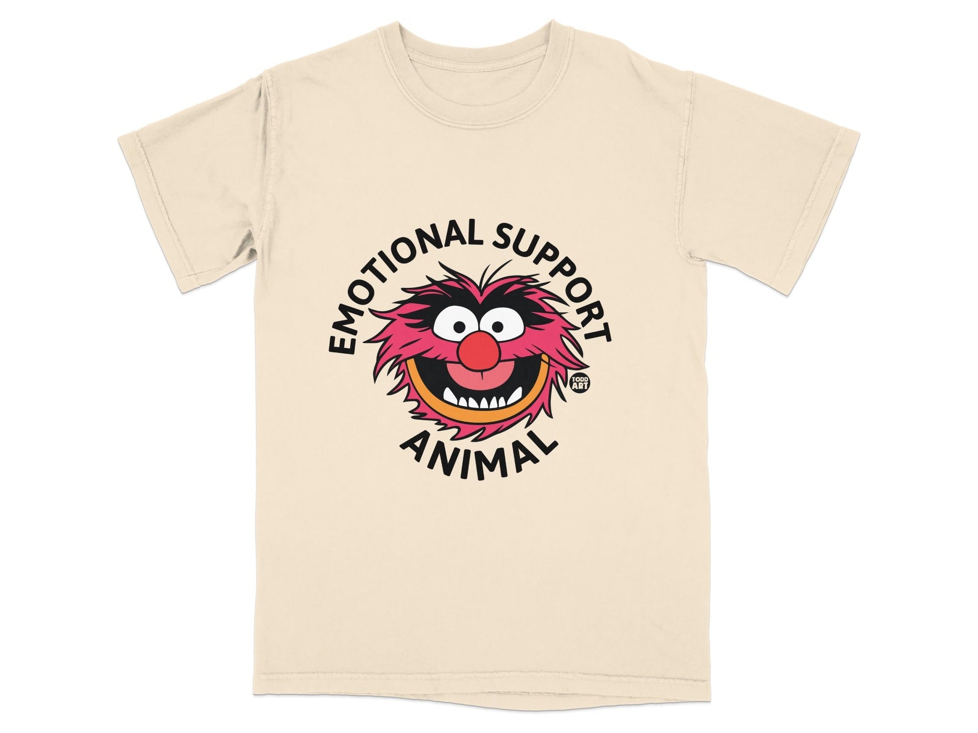 Cream t-shirt with Animal from The Muppets face and "Emotional Support Animal" text.