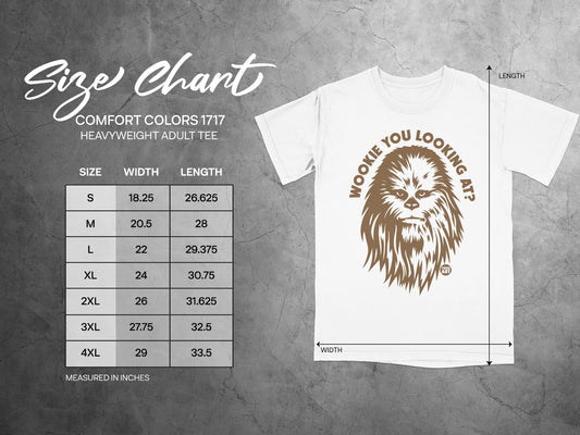Size chart for Comfort Colors 1717 heavy adult tee with Wookiee graphic.