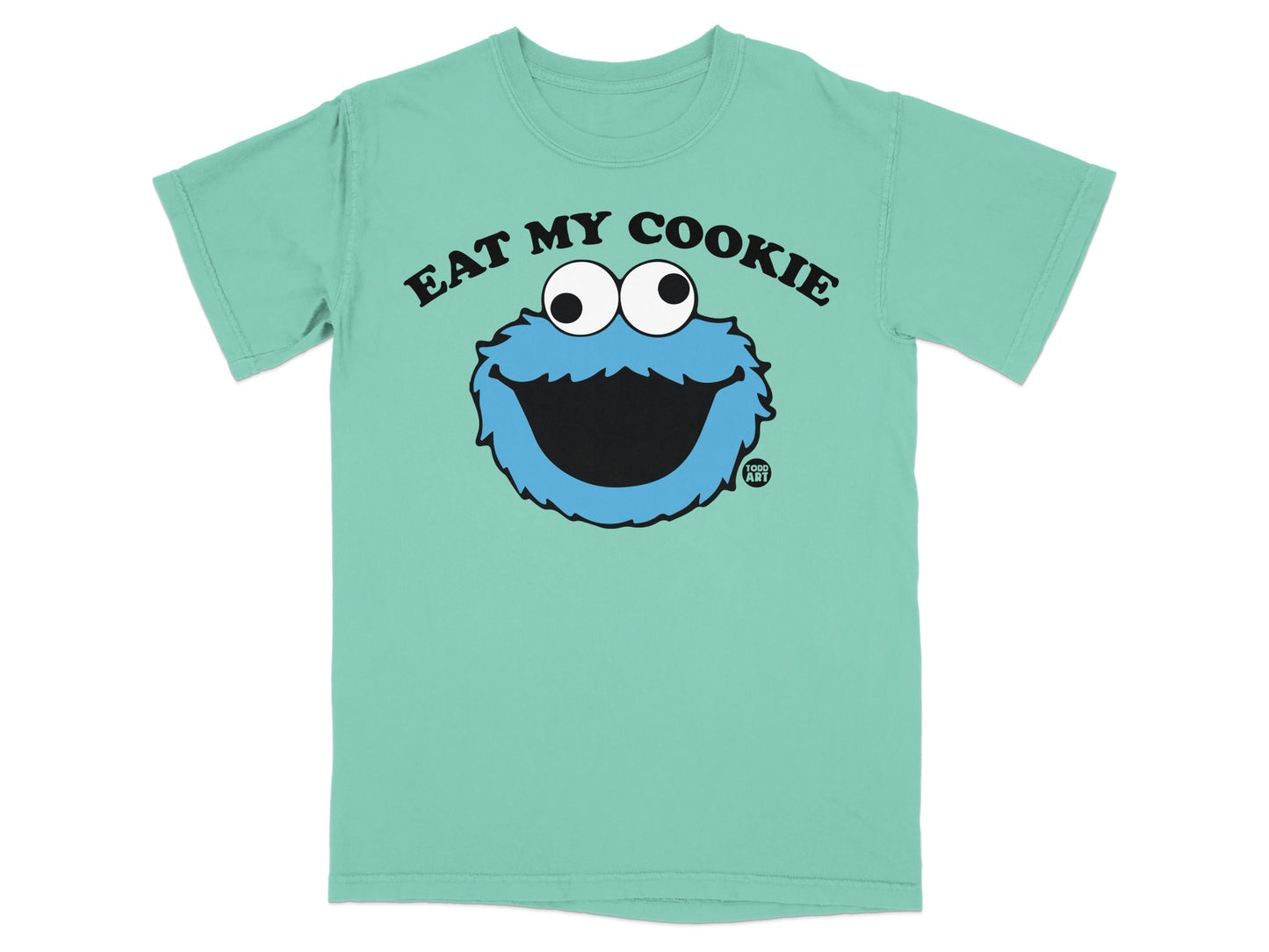 Mint green t-shirt with Cookie Monster's face and text "Eat My Cookie".