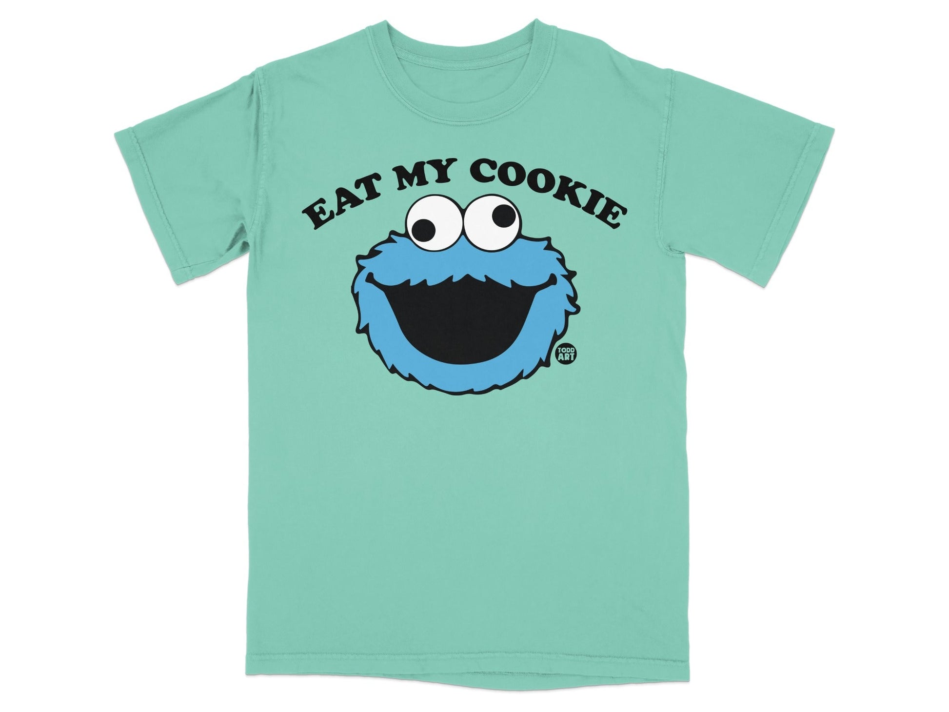 Mint green t-shirt with Cookie Monster's face and text "Eat My Cookie".