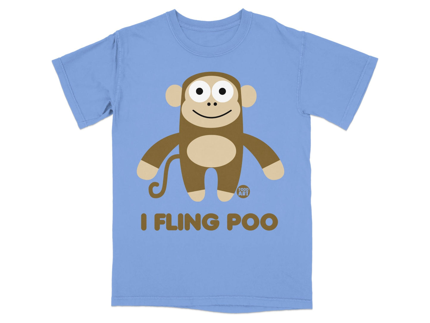 Blue t-shirt with a cartoon monkey and "I FLING POO" text.