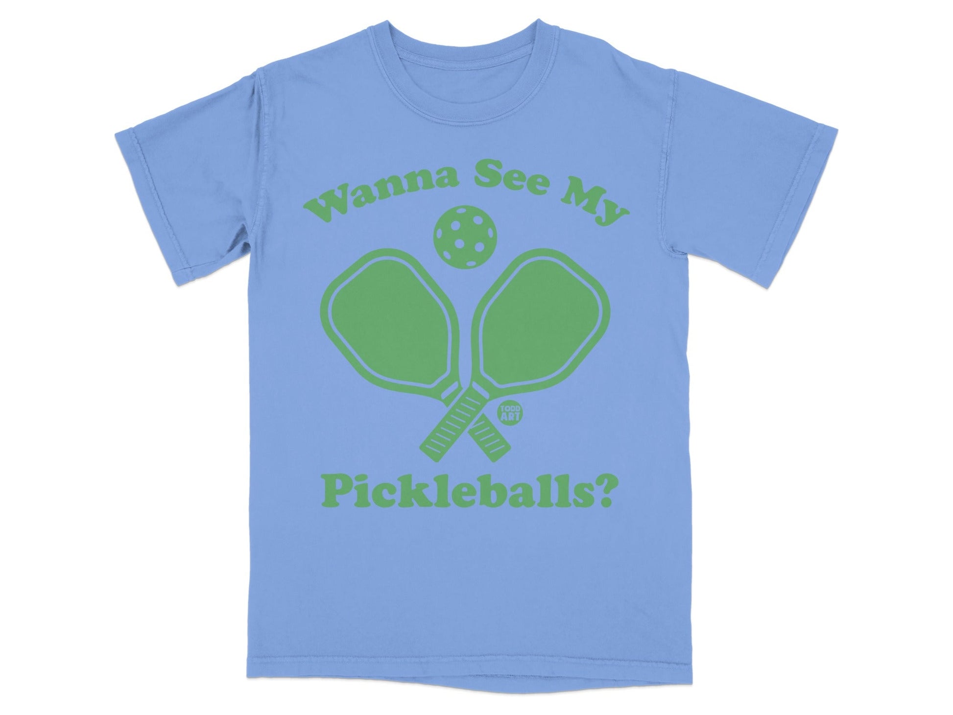 Blue t-shirt with green pickleball paddles, ball, and text.