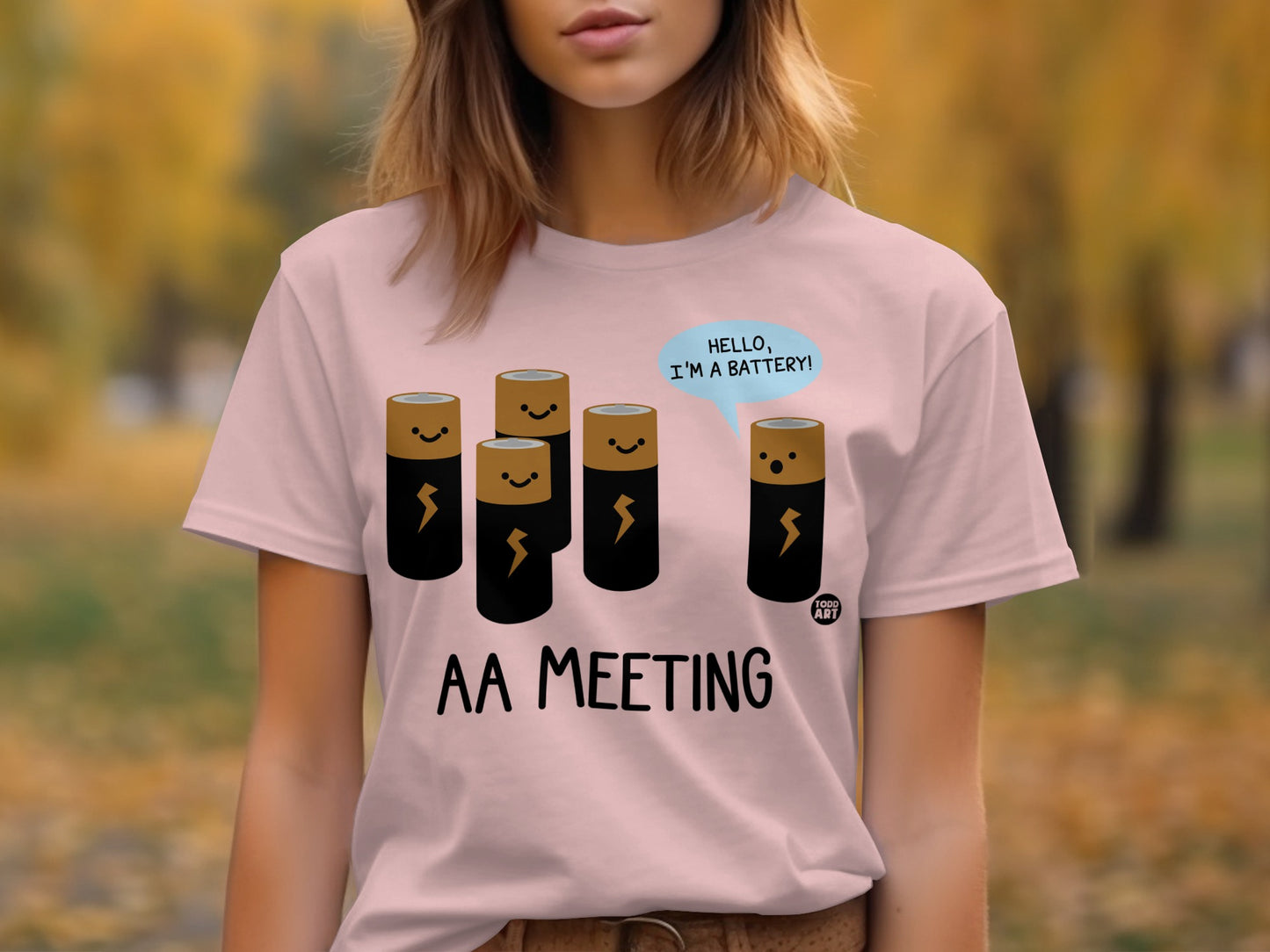 Fun Graphic Tee with Cute Cartoon Battery Design