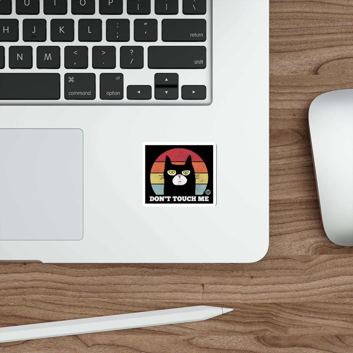 Don't Touch Me Cat Sticker with Retro Background Design