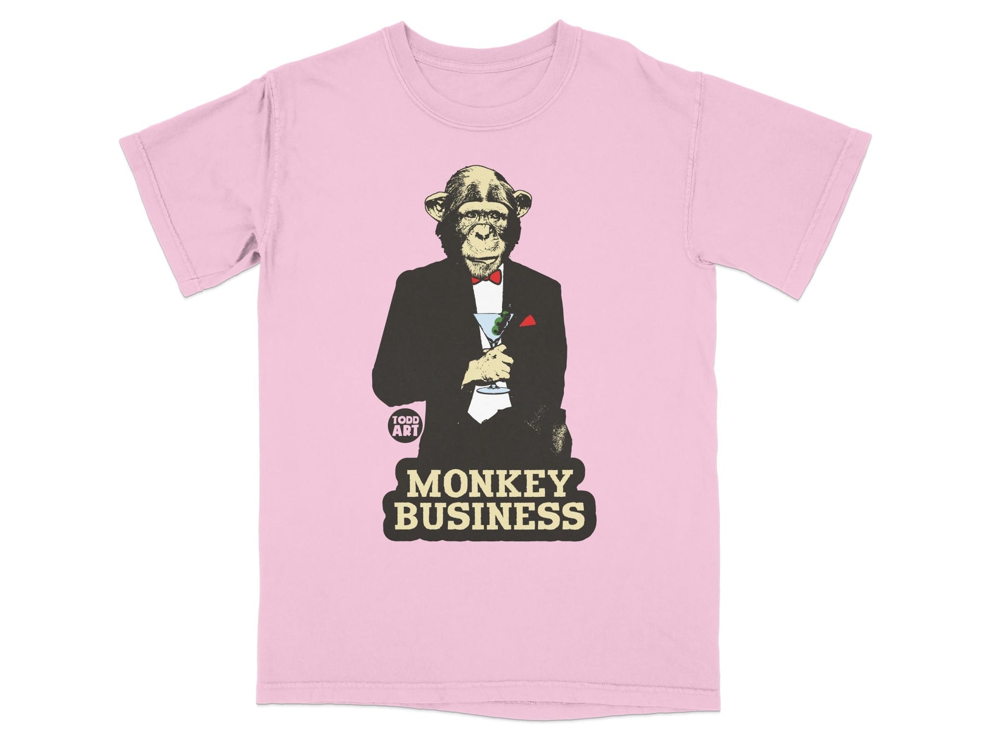 Pink t-shirt with a cartoon monkey in a tuxedo holding a martini.