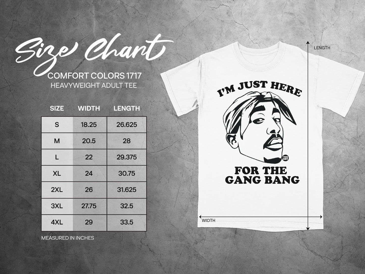Comfort Colors 1717 heavyweight adult tee size chart with graphic.