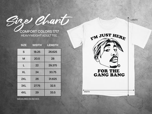 Comfort Colors 1717 heavyweight adult tee size chart with graphic.