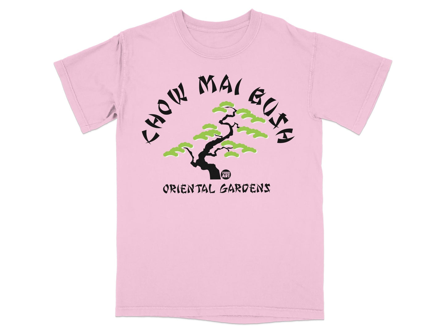 Pink t-shirt with "Chow Mai Bush Oriental Gardens" and bonsai tree graphic.