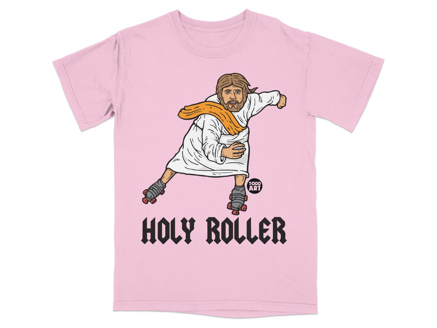 Jesus in roller skates wearing a white robe and orange scarf, with text "HOLY ROLLER".