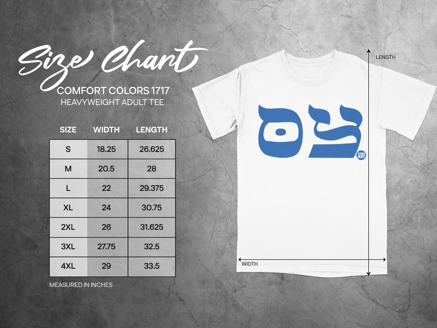 Comfort Colors 1717 heavyweight tee size chart showing width and length in inches.