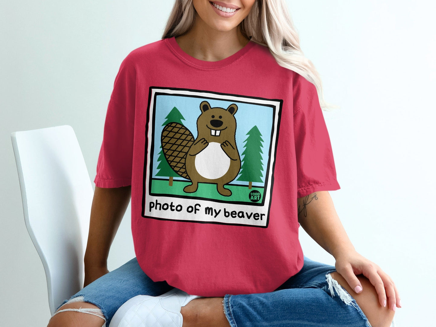 T-shirt with cartoon beaver illustration and text "photo of my beaver".
