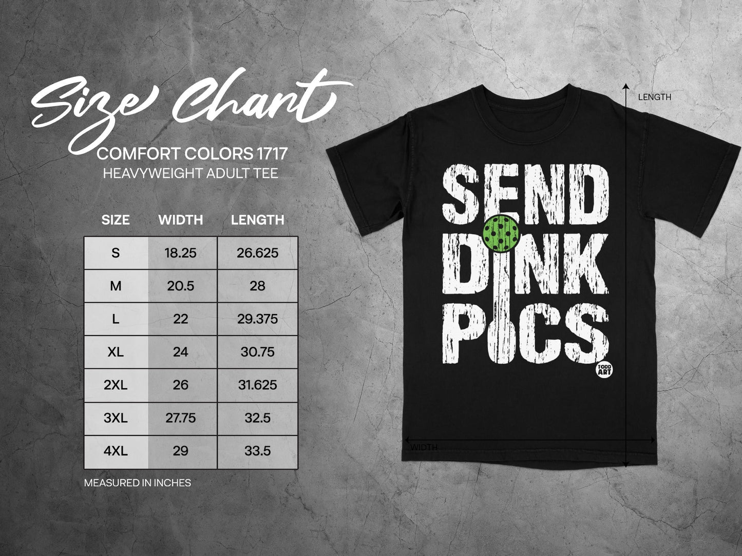 Size chart for Comfort Colors 1717 heavyweight adult tee with measurements.