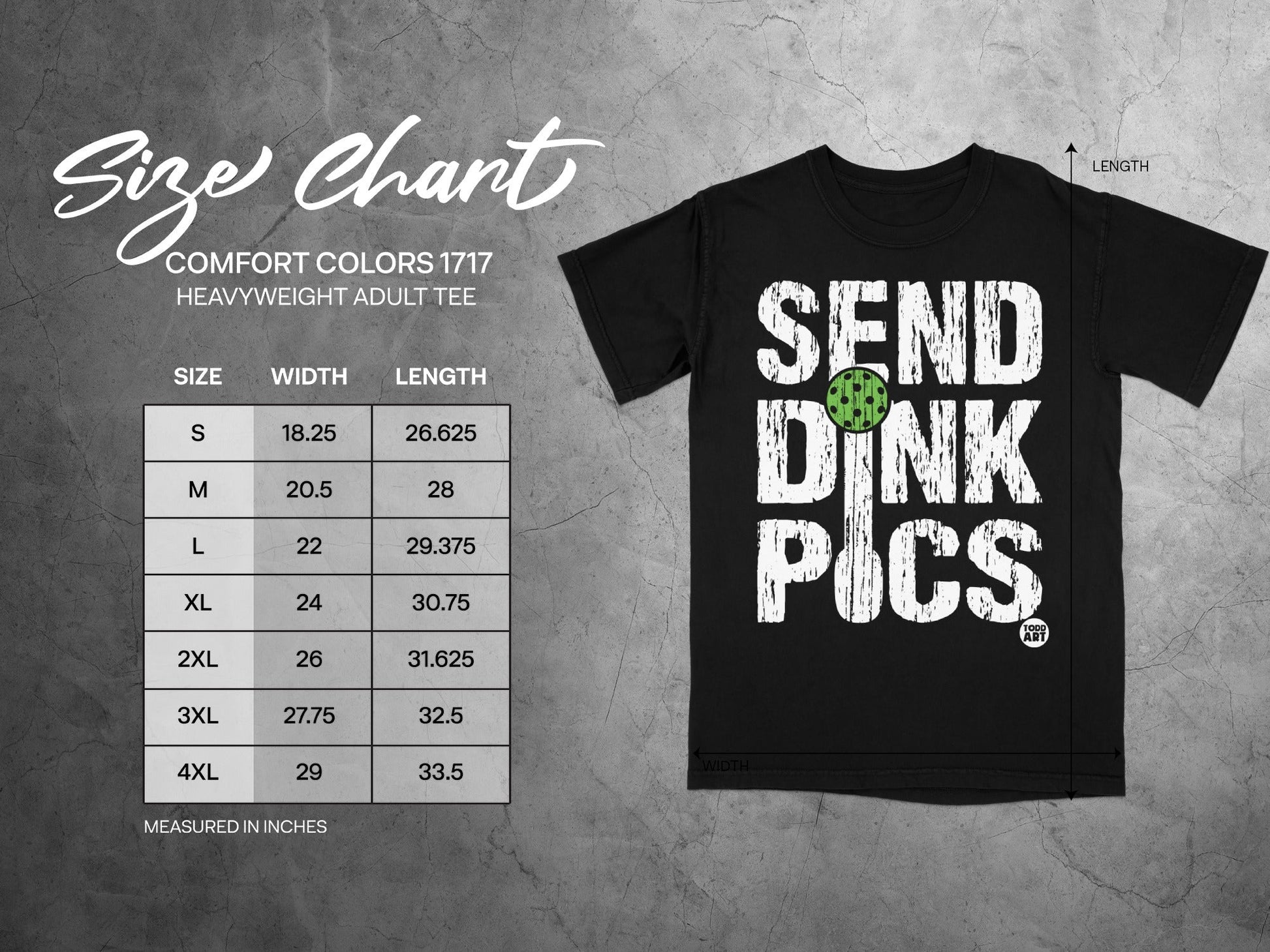 Size chart for Comfort Colors 1717 heavyweight adult tee with measurements.