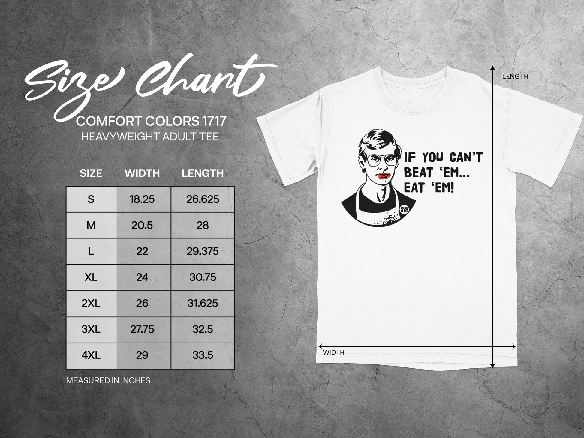 Size chart for Comfort Colors 1717 heavyweight adult tee with graphic.