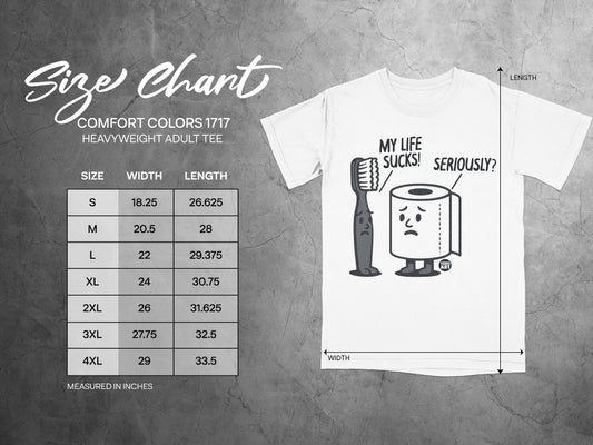 Comfort Colors 1717 heavyweight adult tee size chart with cartoon graphic.