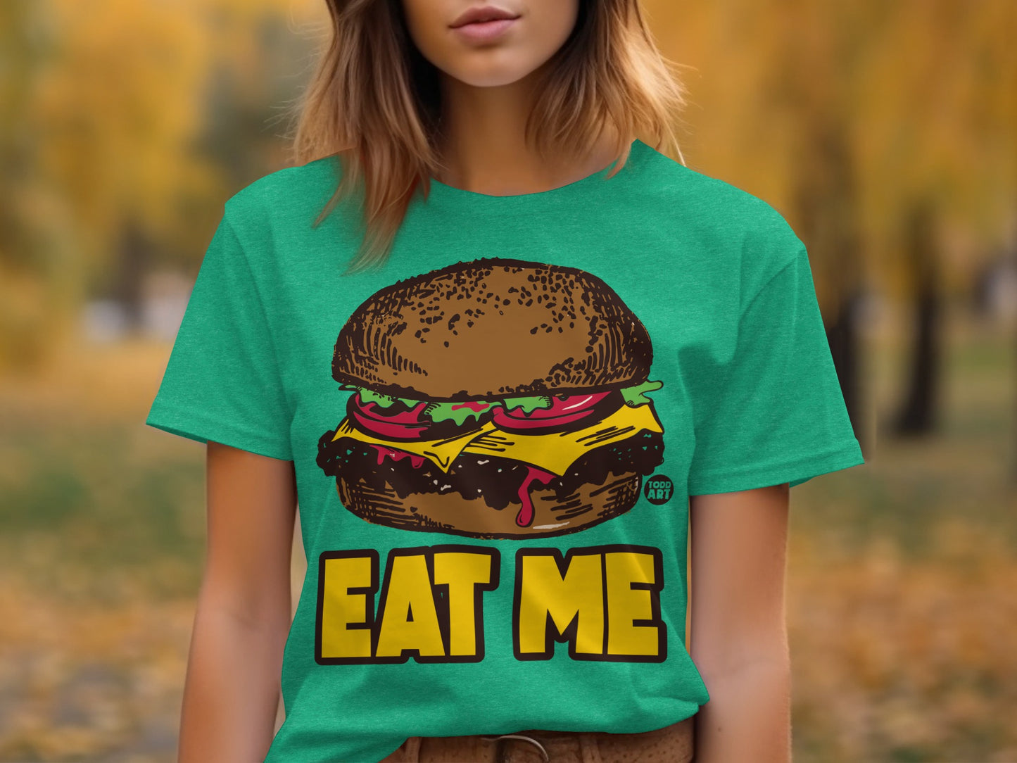 Fun Graphic Tee with Eat Me Burger Design Shirt