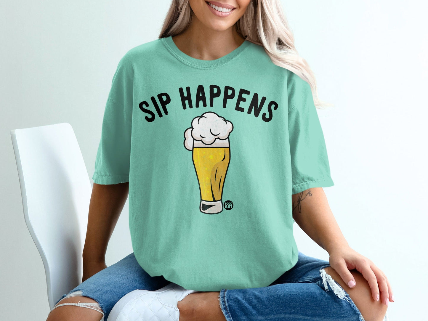 Sip Happens Graphic Tee with Beer Illustration