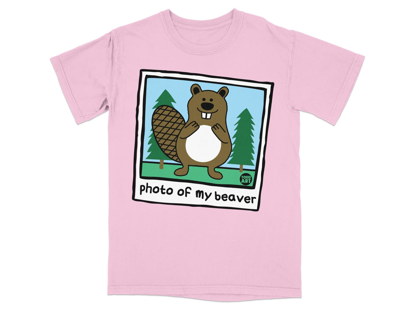 Pink t-shirt with cartoon beaver and trees. "photo of my beaver" text.