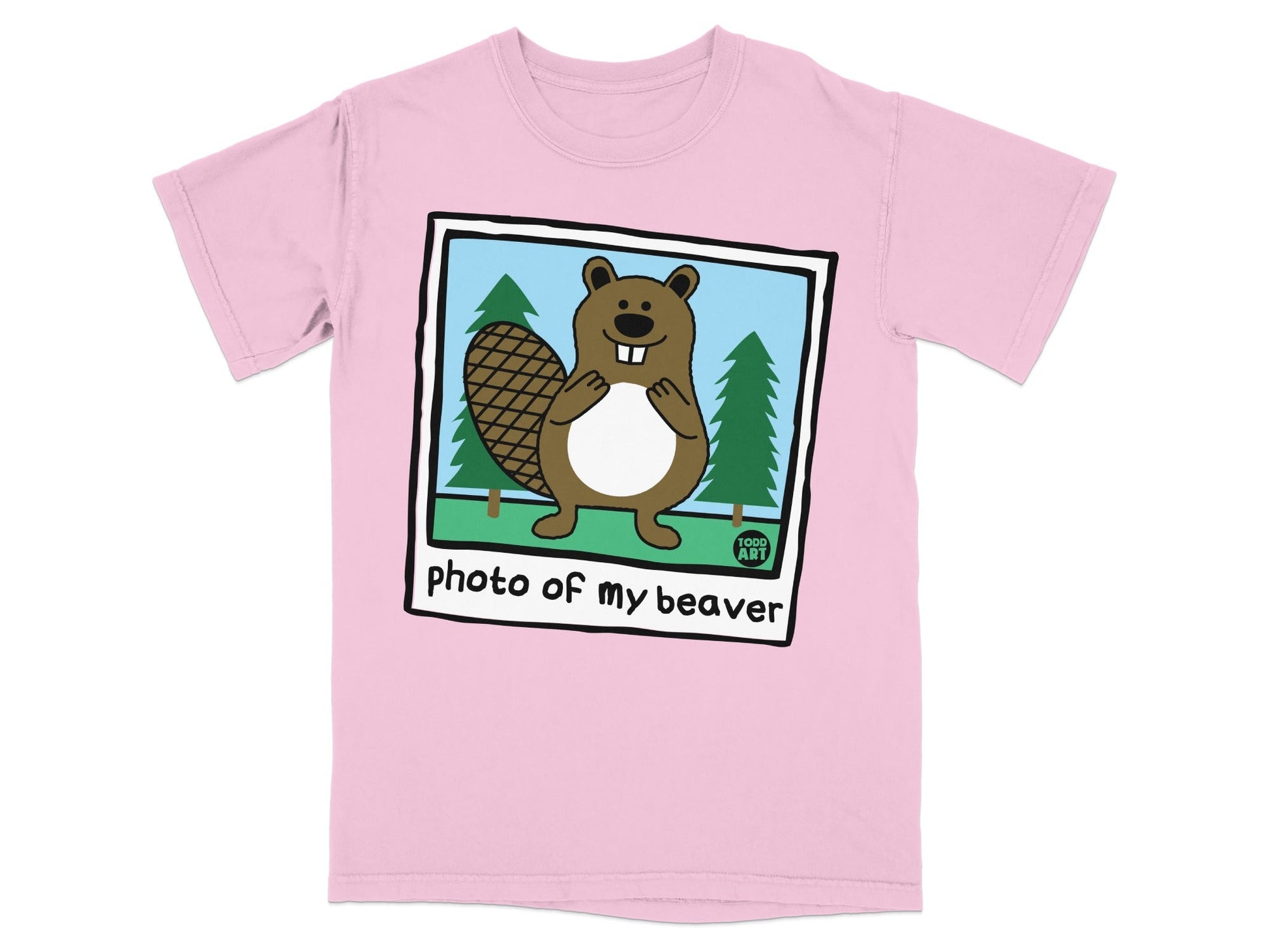 Pink t-shirt with cartoon beaver and trees. "photo of my beaver" text.