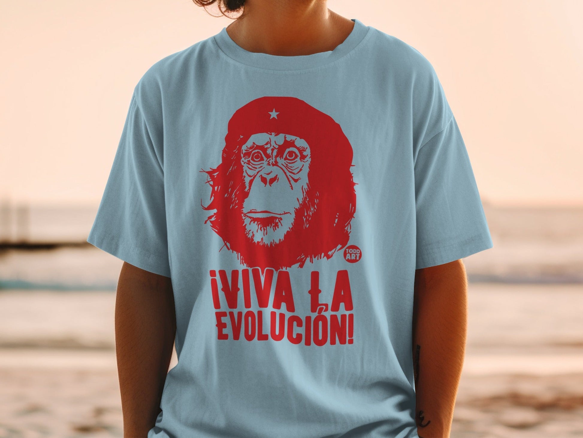 Red monkey graphic with beret and text "¬°VIVA LA EVOLUCI√ìN!" on light blue t-shirt.