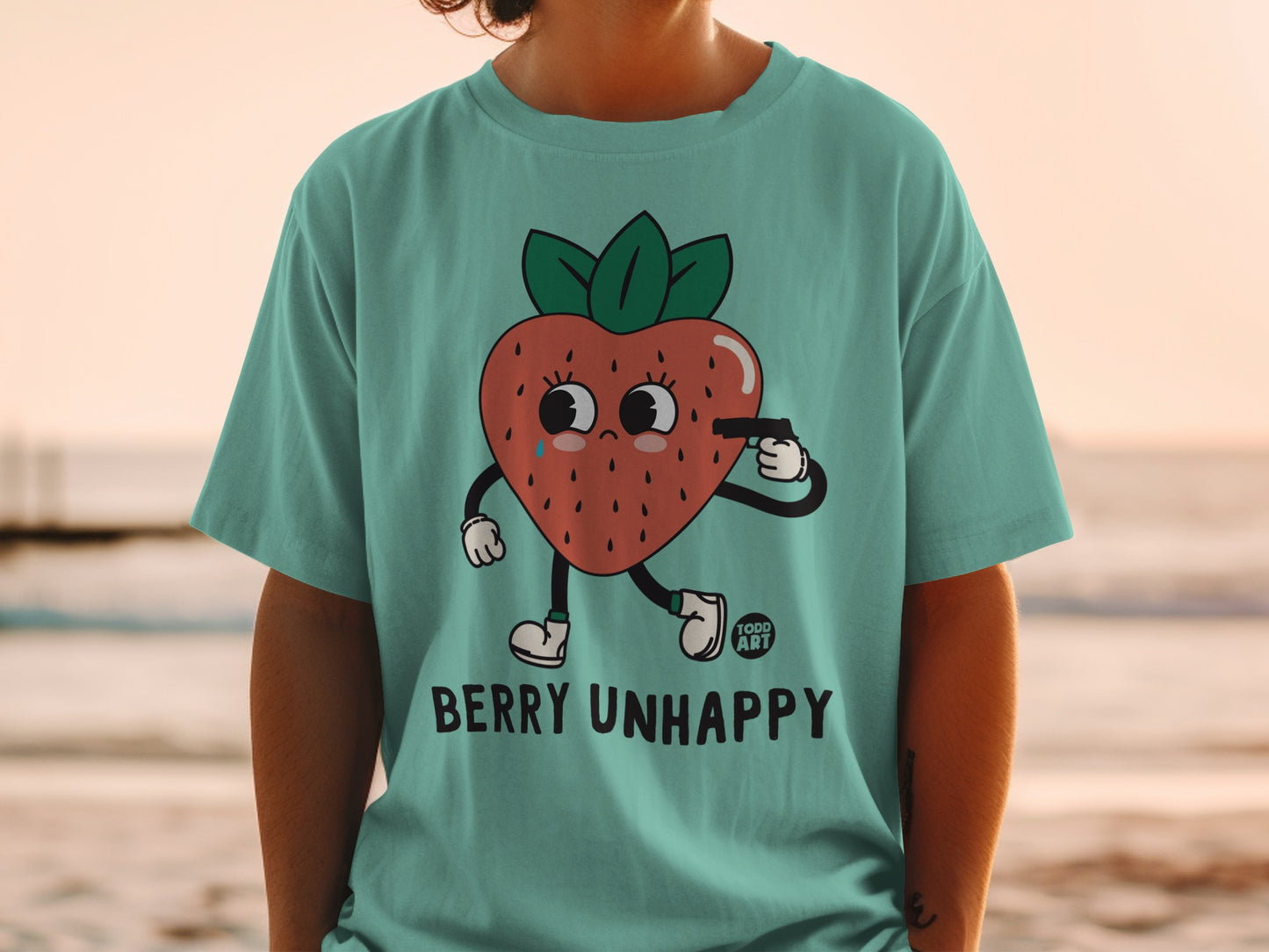 Berry Unhappy Strawberry Cartoon Teal T-Shirt product type