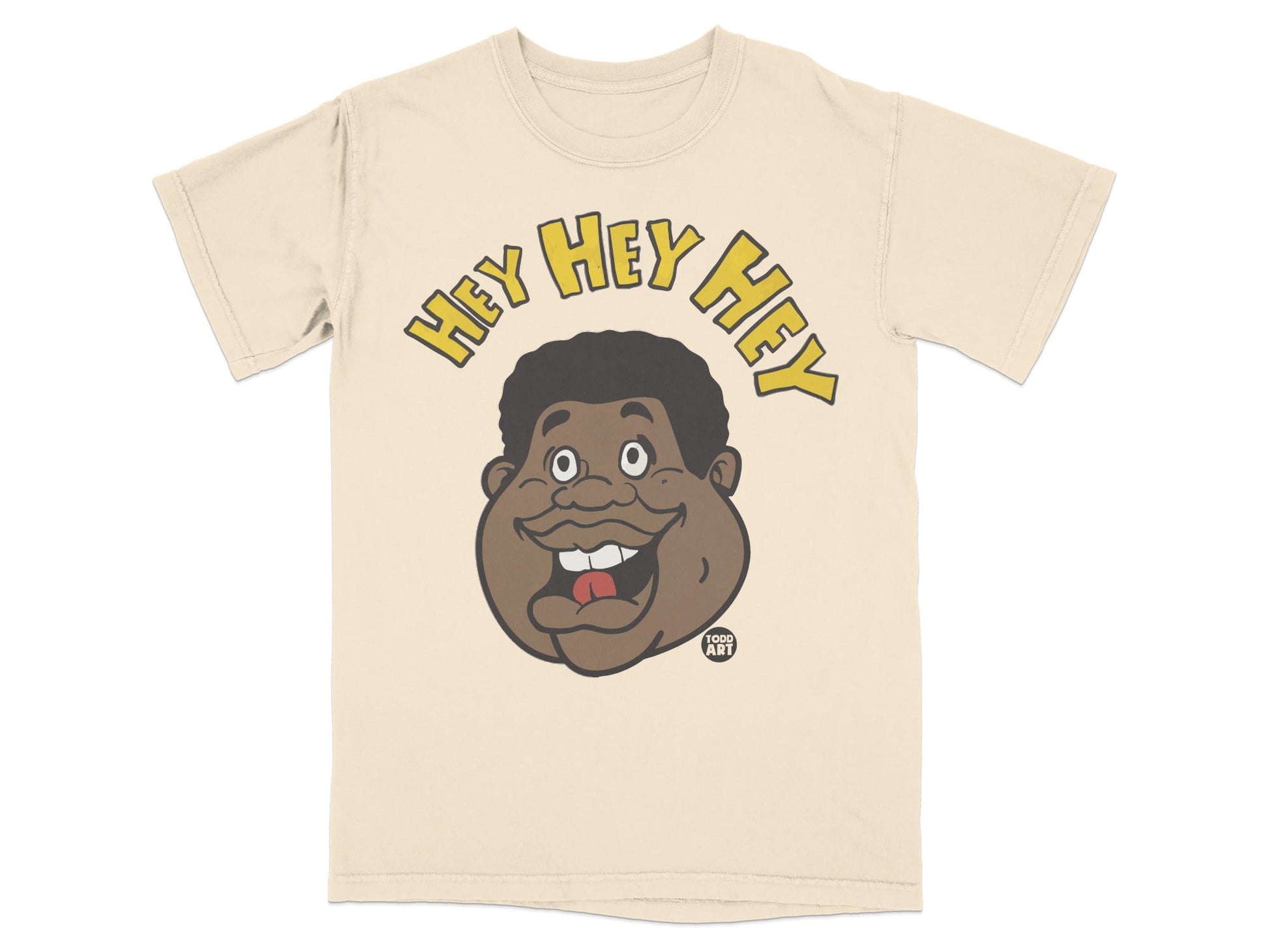 Cream t-shirt with cartoon face and "HEY HEY HEY" text.