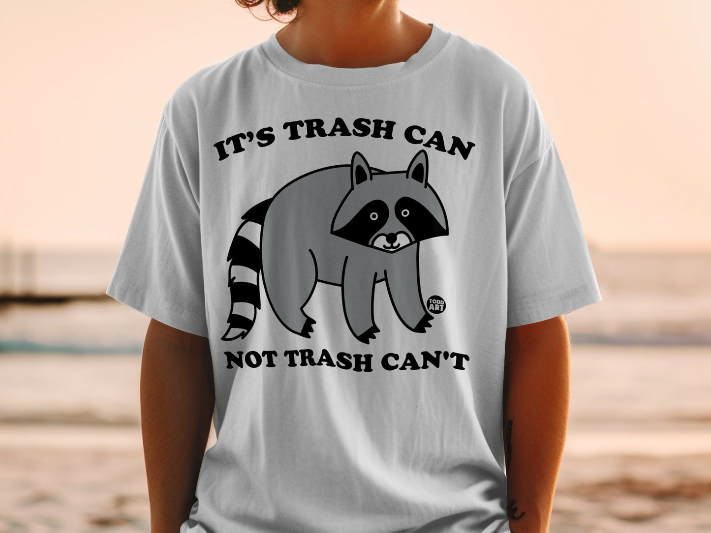 T-shirt with raccoon graphic and text "IT'S TRASH CAN, NOT TRASH CAN'T".